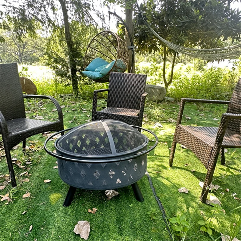 (image for) [USA Direct] 32 inch Round Crossweave Wood Burning Fire Pit Stove Firepit Heater with Poker for Outdoor Camping Patio Deck Backyard, 8011
